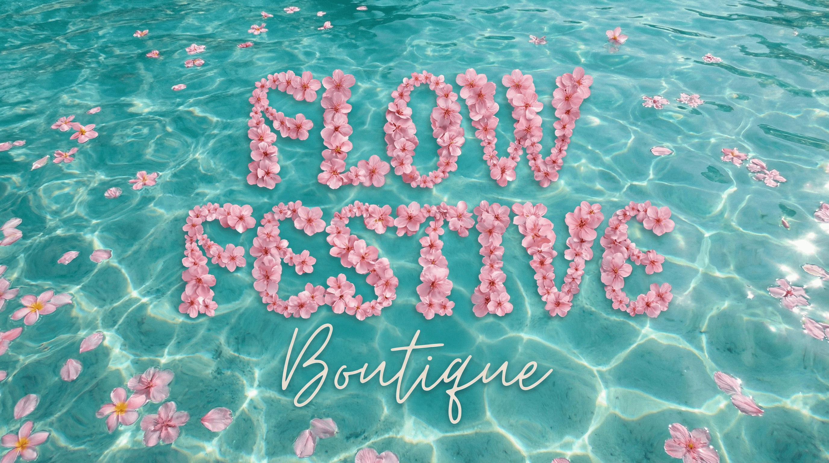 Flow Festive Boutique — flower petals spelling the brand name on crystal-clear turquoise water